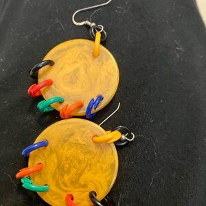 Earrings pierced vintage Bakelite tambourine dangling Chandelier
